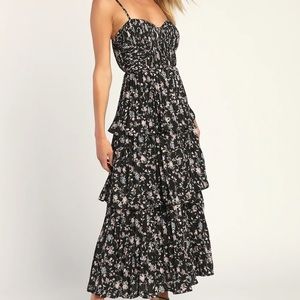 Lulu’s Cascading Crush Black Floral Print Tiered Bustier Midi Dress